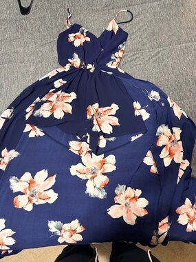 Navy Floral Spaghetti Strap Maxi Dress with Peach Blooms